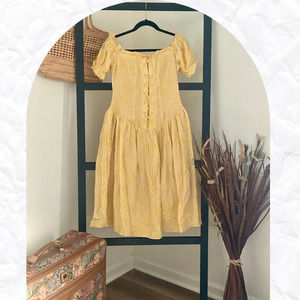 NWT Large Women Yellow Floral Ruffle Off Shoulder Sleeve Cottagecore Midi Dress